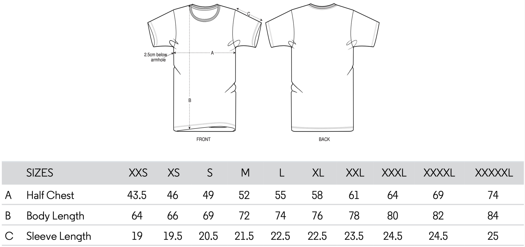 T-Shirt Size Guide Table