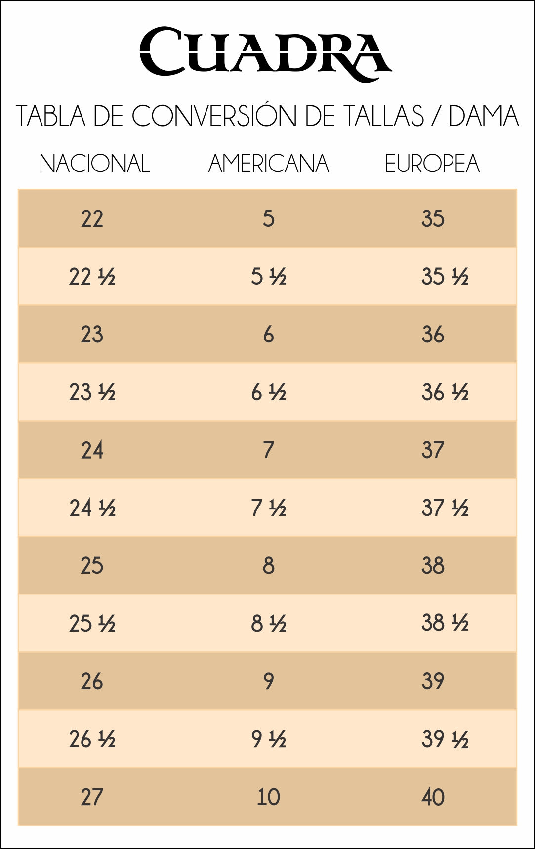 Guia de Tallas Dama | 