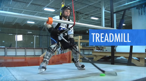 A skater handling a puck on a skating treadmill and Competitive Edge