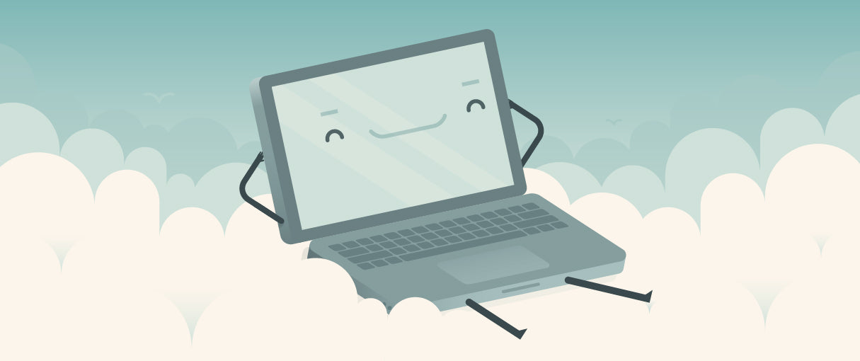 A smiling laptop laying on a cloud