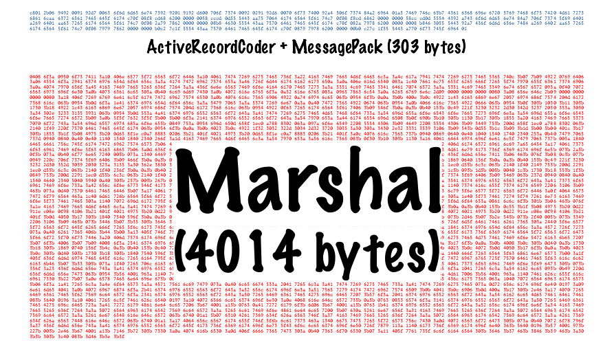 Visual representation of the difference between an ActiveRecordCoder + MessagePack payload vs a Marshal payload