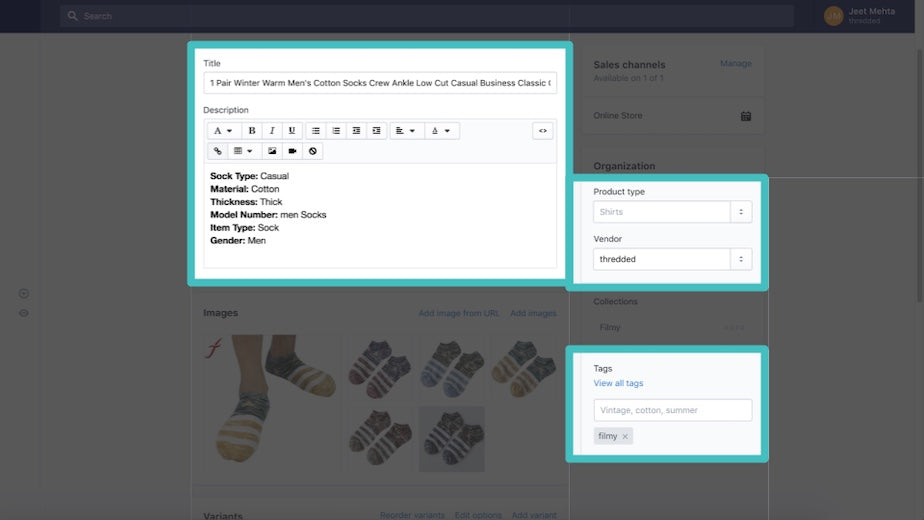 Figure 4: sample product entry for a pair of socks