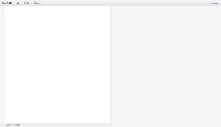  A screenshot of the GraphiQL playground.  There are two large text boxes side by side. The left text box is editable and the right isn't. The menu item at the top shows the GraphiQL name, a play button, Prettify button, and History button.