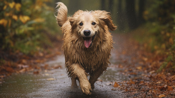 Wet dog smiling in the rain