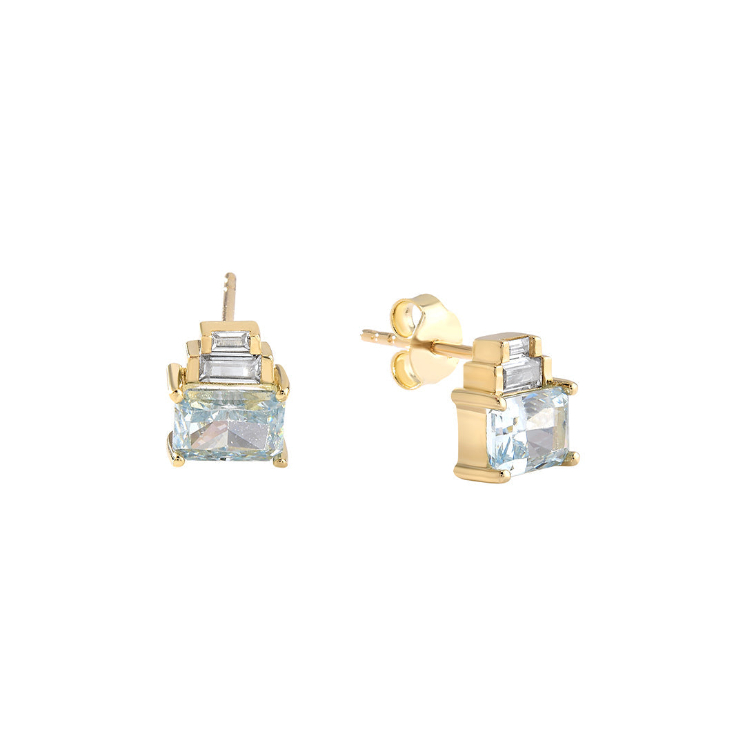 14K Gold Tiny Sparkles Baguette Double Stone Stud Earrings
