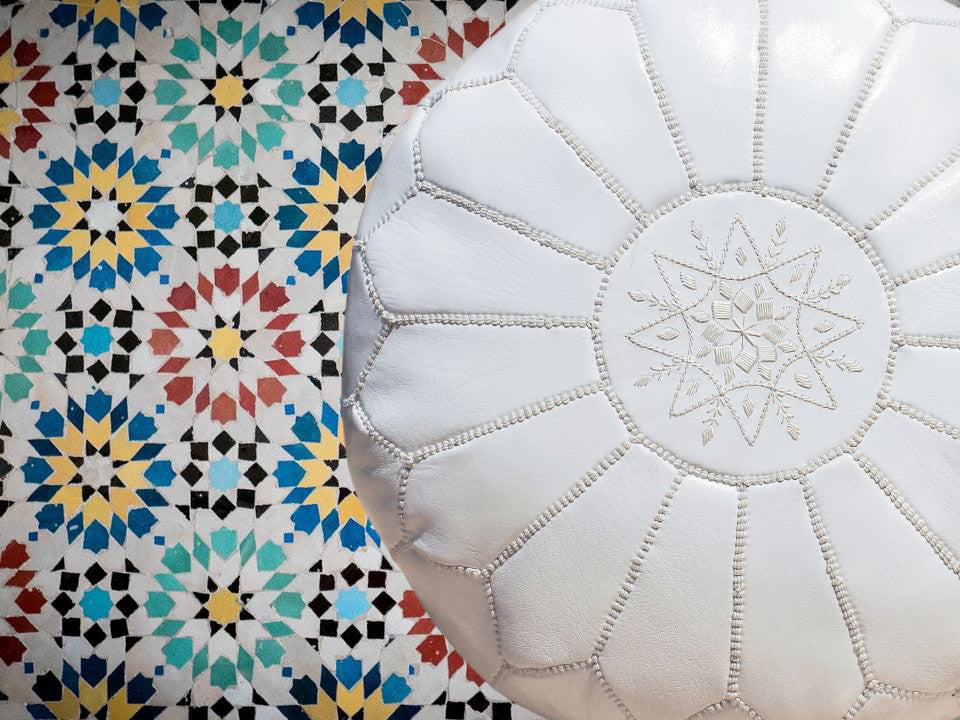 Leather Ottoman - White - Moroccan Handmade