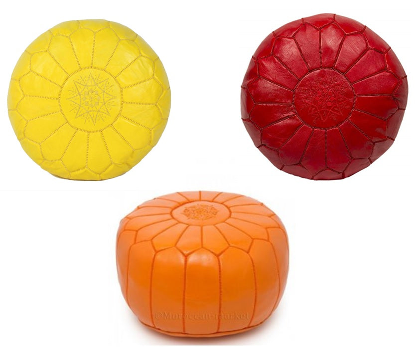 Moroccan Leather Poufs - Yellow, Red and Orange