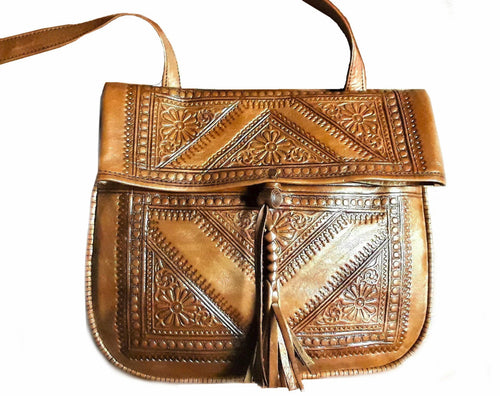 Heritage Leather Bag - Berber Girl - Embossed - Brown Caramel