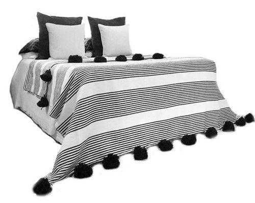 White with Black Stripes Pom Pom Blanket - Layali