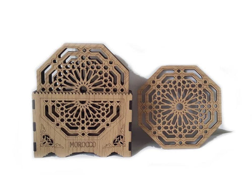 6 Pack Moroccan Carved Coasters with Holder