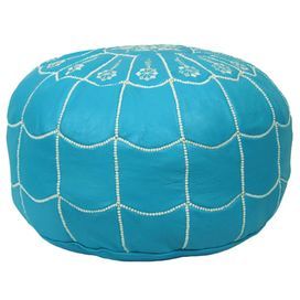 Moroccan Leather Ottoman with Arch Design - Turquoise and White