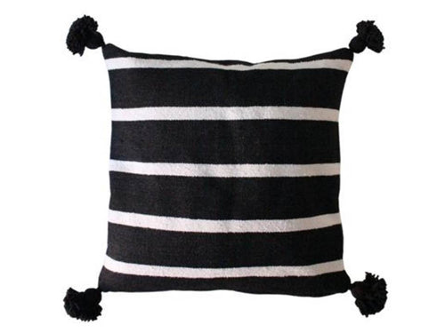 Moroccan PomPom Pillow Cover - Black with White Stripes - Marrakesh