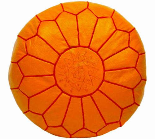 Moroccan Leather Ottoman - Orange
