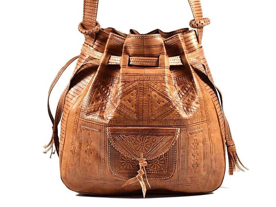 bohemian morocco leather bag brown caramel leather bucket tote moroccan corridorr 593