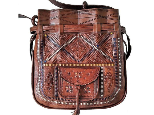 Bohemian Morocco Leather Bag - Embroidered - Caramel