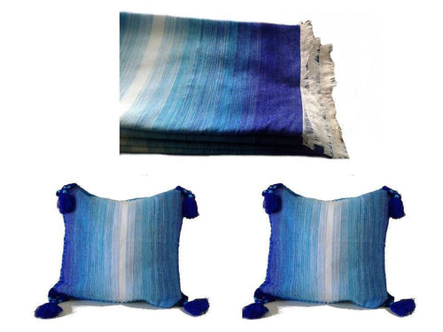 Chefchaouen Blanket with two Tassel Pillow Covers - Blue Sky