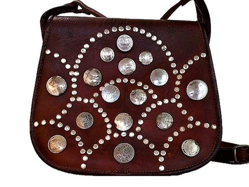 Coins Adorned Leather Bag - Gypsy - Brown