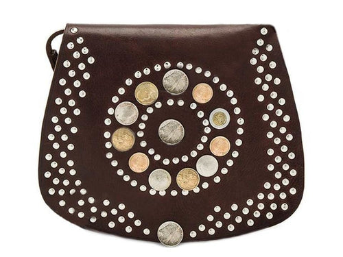 Coins Adorned Leather Bag - Stellar - Brown