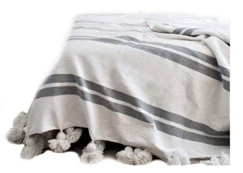 Gray with White Stripes Pom Pom Blanket - Large Stripes - Assouirri
