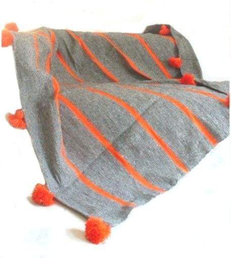 Grey with Orange Stripes Pom Pom Blanket