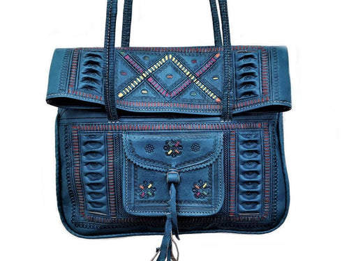 Leather Tote Bag - Chkara - Embroidered - Blue