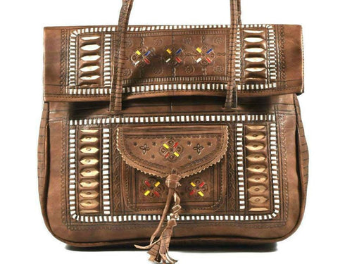 Leather Tote Bag - Chkara - Embroidered - Light Brown