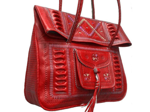 Leather Tote Bag - Chkara - Embroidered - Red