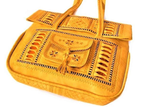 Leather Tote Bag - Chkara - Embroidered - Yellow