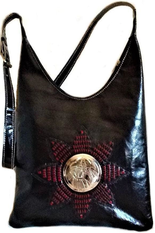 Médaillon Leather Tote Bag - M'dina - Black with Red Threads