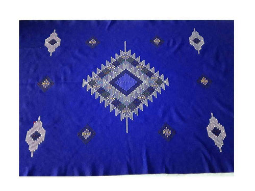 Moroccan Blanket/Rug - Wool Embroidered - Ocean