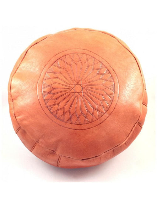 Moroccan Leather Pouf - Orange - Round Embossed