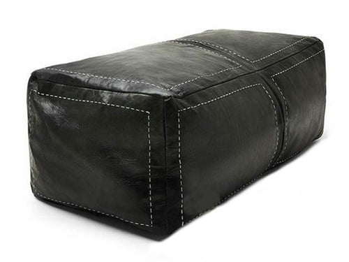 Moroccan Leather Pouf / Ottoman - Rectangular - Black - Salwa