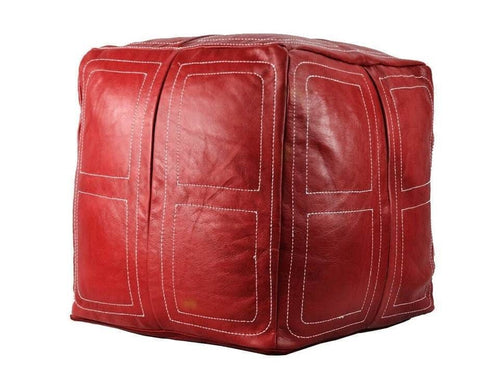 Moroccan Leather Pouf / Ottoman - Red - Chama