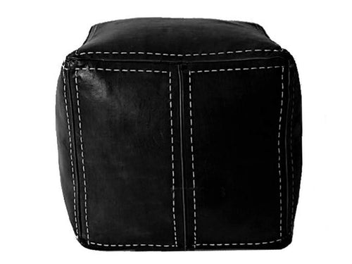 Moroccan Leather Pouf / Ottoman - Square - Black - Aya