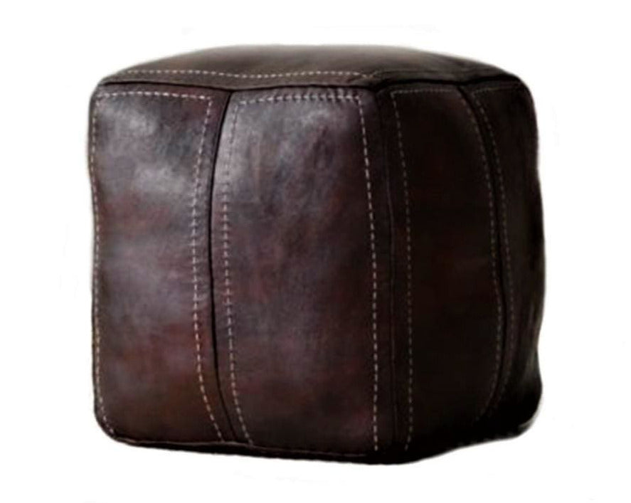 Beautiful Square Moroccan Leather Pouf, Brown