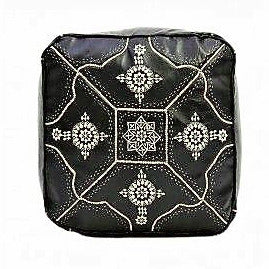 Moroccan Leather Tile Ottoman - Square - Black with White Embroidery