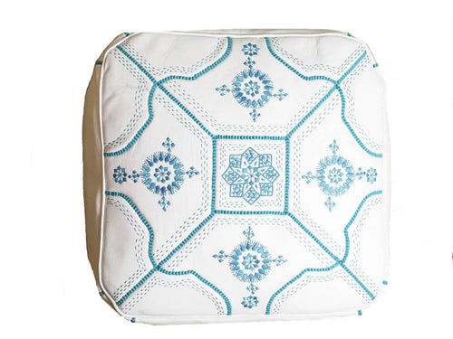 Moroccan Leather Tile Ottoman - Square - White with Turquoise Embroidery