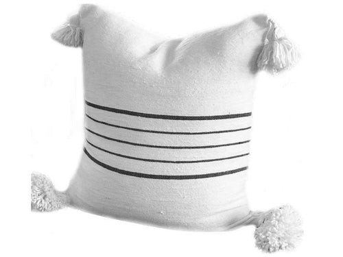 Moroccan Pom Pom Pillow Cover - White with Black Stripes - Loukkos