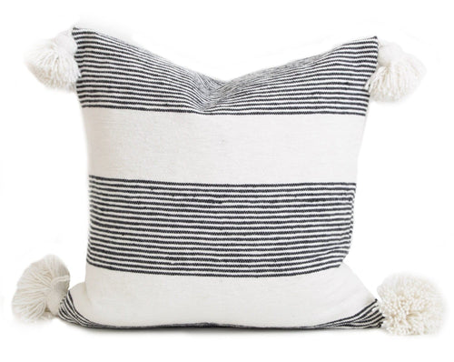 Moroccan Pom Pom Pillow Cover - White with Black Stripes - Layali
