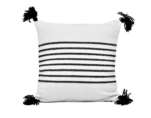 Moroccan Pom Pom Pillow Cover - White with Black Stripes - Oum Rabie