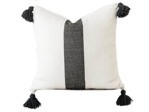 Moroccan Pom Pom Pillow Cover - White with Large Black Stripe - Darâa