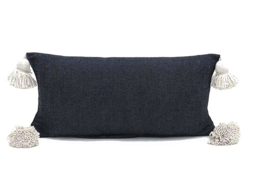 Moroccan PomPom Lumbar Pillow Cover - Black with White Pom Poms