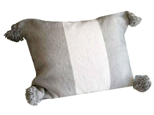 Moroccan PomPom Lumbar Pillow Cover - Grey with Large White Stripe - Sabou