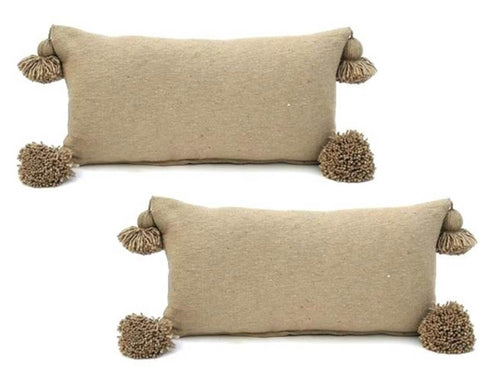 Moroccan PomPom Lumbar Pillow - Set of two Covers - Beige / Brown Caramel