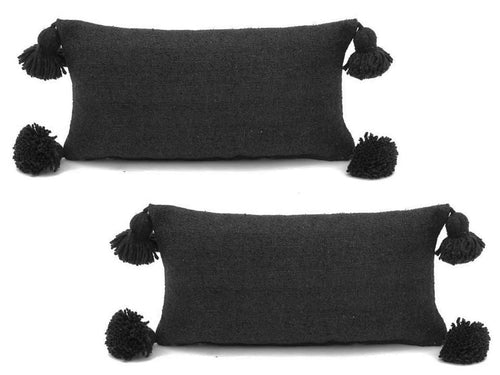 Moroccan PomPom Lumbar Pillow - Set of two Covers - Black