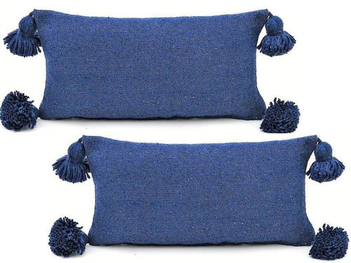 Moroccan PomPom Lumbar Pillow - Set of two Covers - Blue