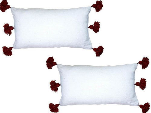 Moroccan PomPom Lumbar Pillow - Set of two Covers - White with Red Pom Poms