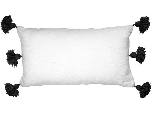 Moroccan PomPom Lumbar Pillow Cover - White with Black Pom Poms