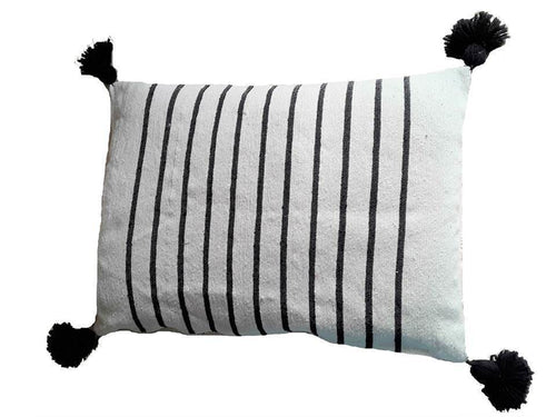 Moroccan PomPom Lumbar Pillow Cover - White with Black thin Stripes