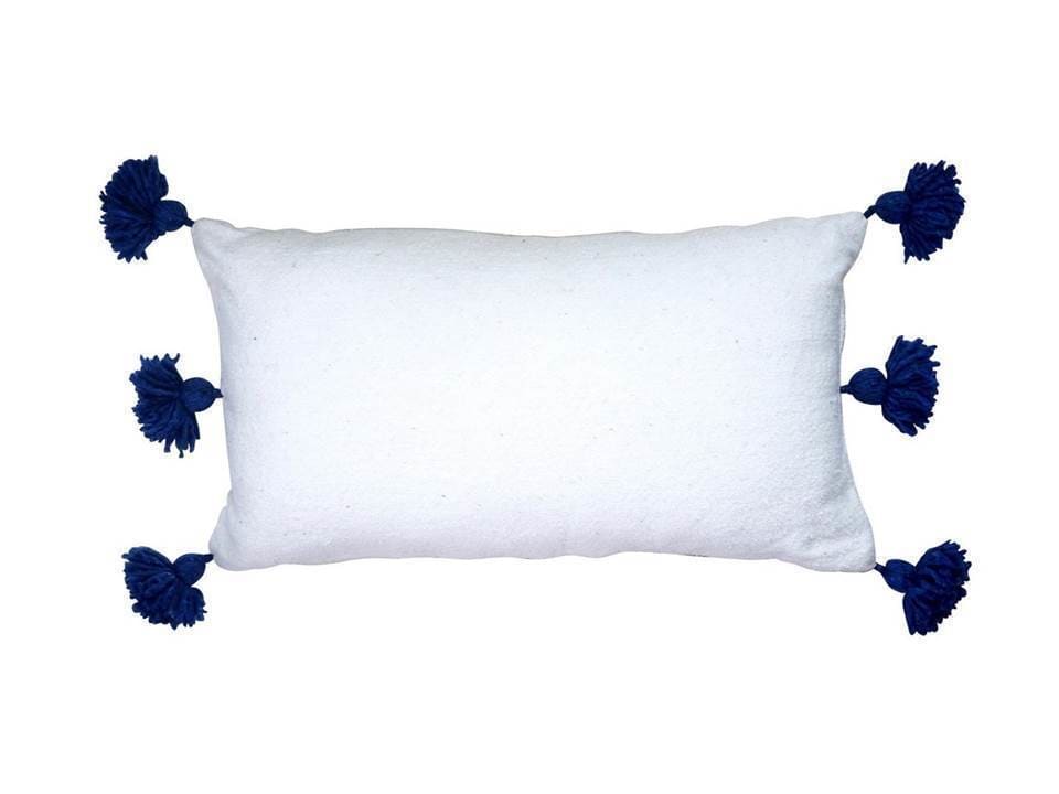 Moroccan PomPom Lumbar Pillow - White with Blue Pom Poms